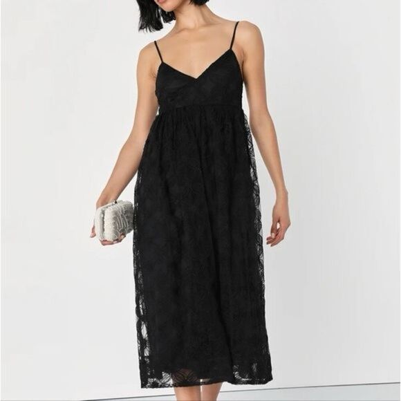 NWT Lulu's Radiate Elegance Black Floral Tulle Midi Dress - Picture 1 of 12